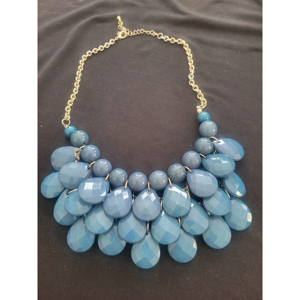Blue Statement Necklace 15–18” Beaded Bib Layered Retro Glam tear drop - Picture 2 of 6